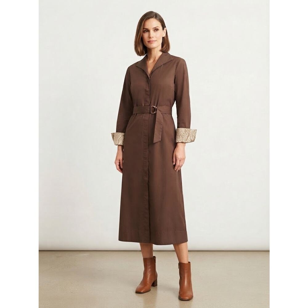 Title: J. McLaughlin Minae Brown Cotton D-Ring Belted Midi Shirt Dress Size XL - Picture 14 of 14